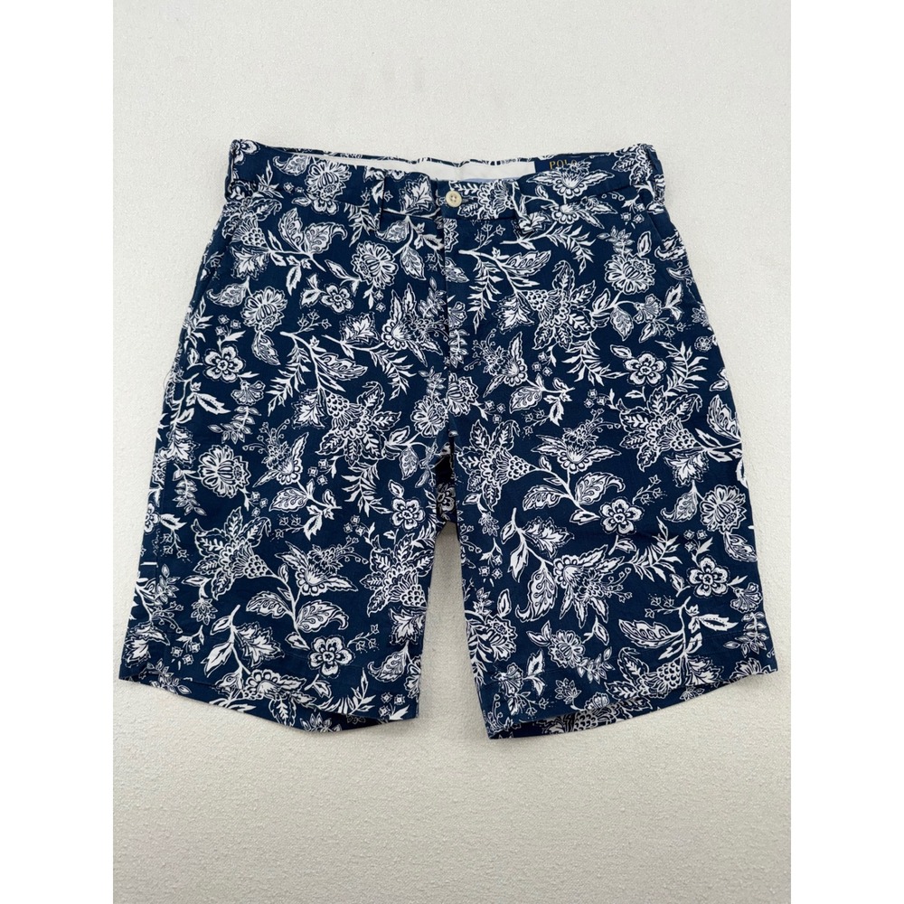 Polo Ralph Lauren Navy Blue White Floral Paisley Stretch Classic Fit Shorts 30